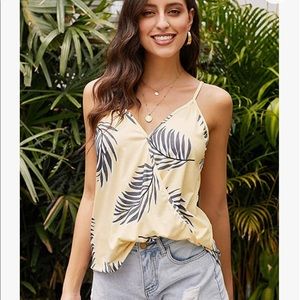 NWOT: Summer Yellow with Blue Boho Tropical Leaves Print V Neck Tank, Size M
